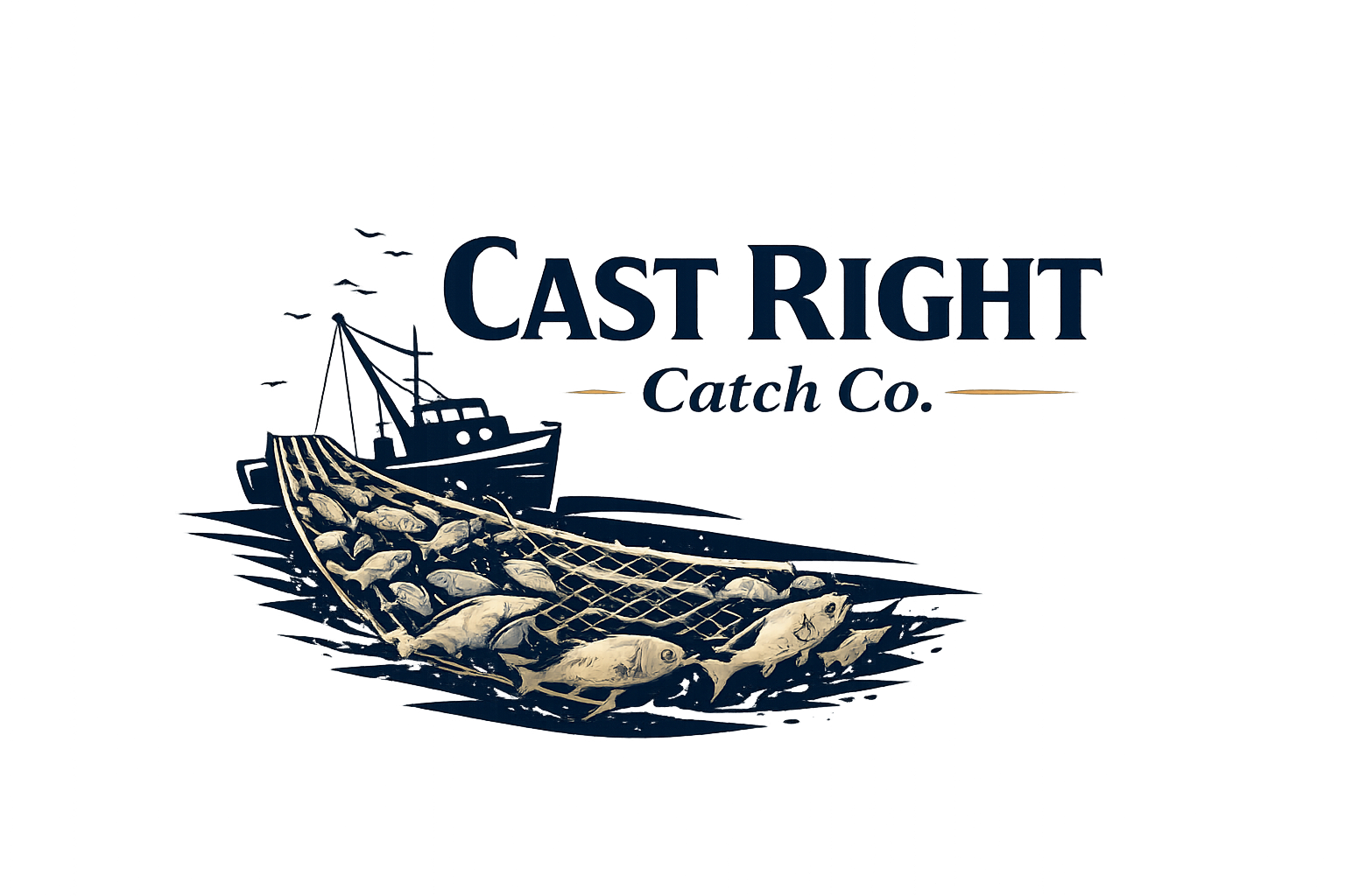 Illustrated Cast Right Catch Co. mark with a fishing boat and a full net.